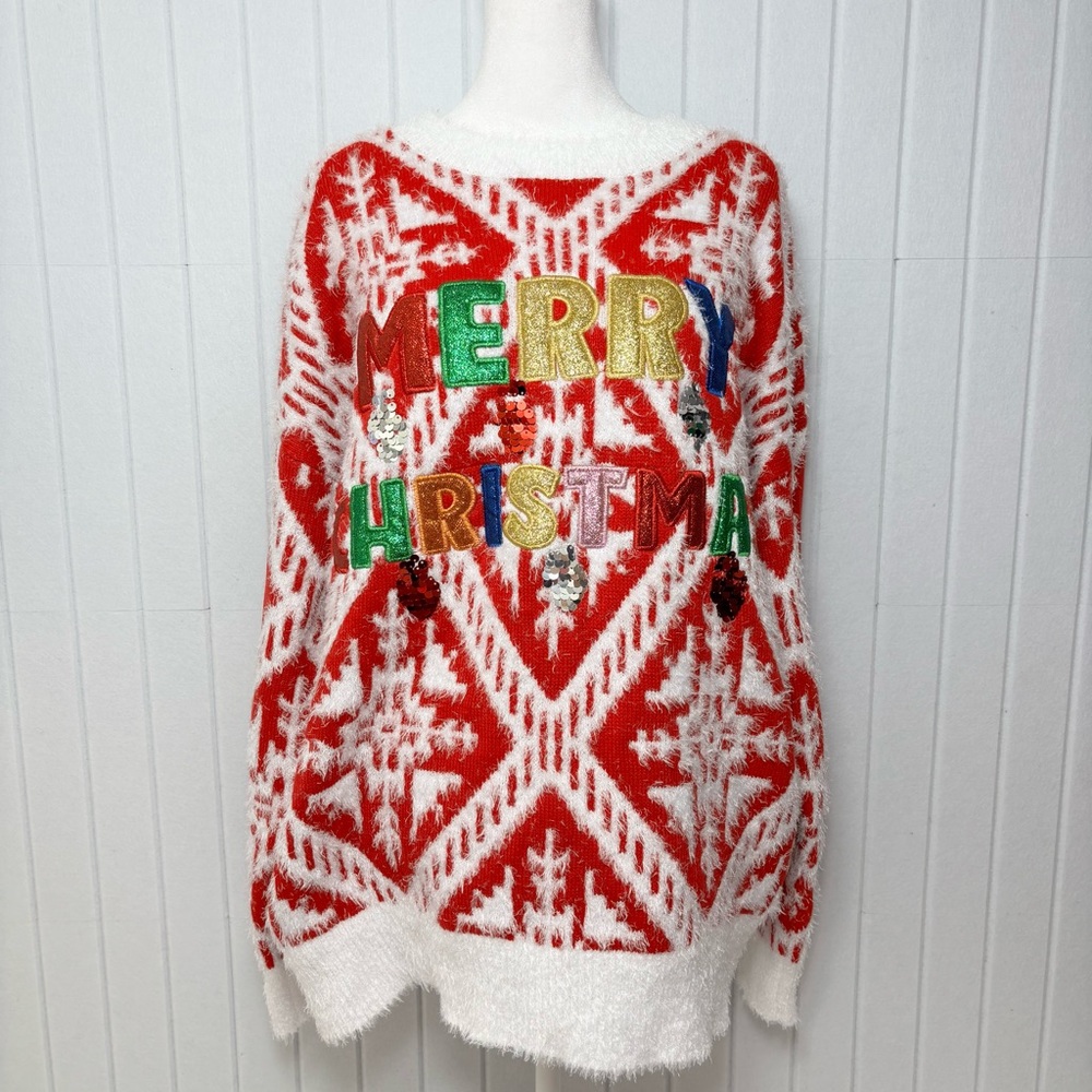 HOLIDAY TIME Red "Merry Christmas" Christmas Ugly‎ Sweater Size L NEW